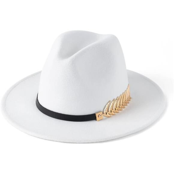 Women\'s Wide Brim Fedora Panama Hat with Metal Belt Buckle